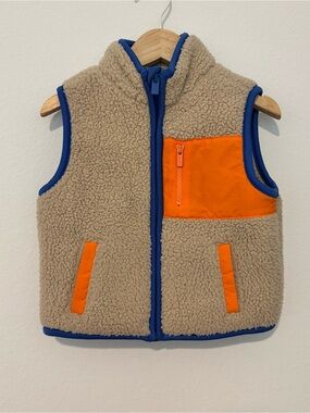 Old Navy Beige Sherpa Vest with Blue Trim and Orange Pockets 18-24M